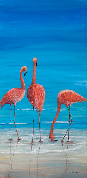3 Flamingos Painting by Mary Ann Vessey